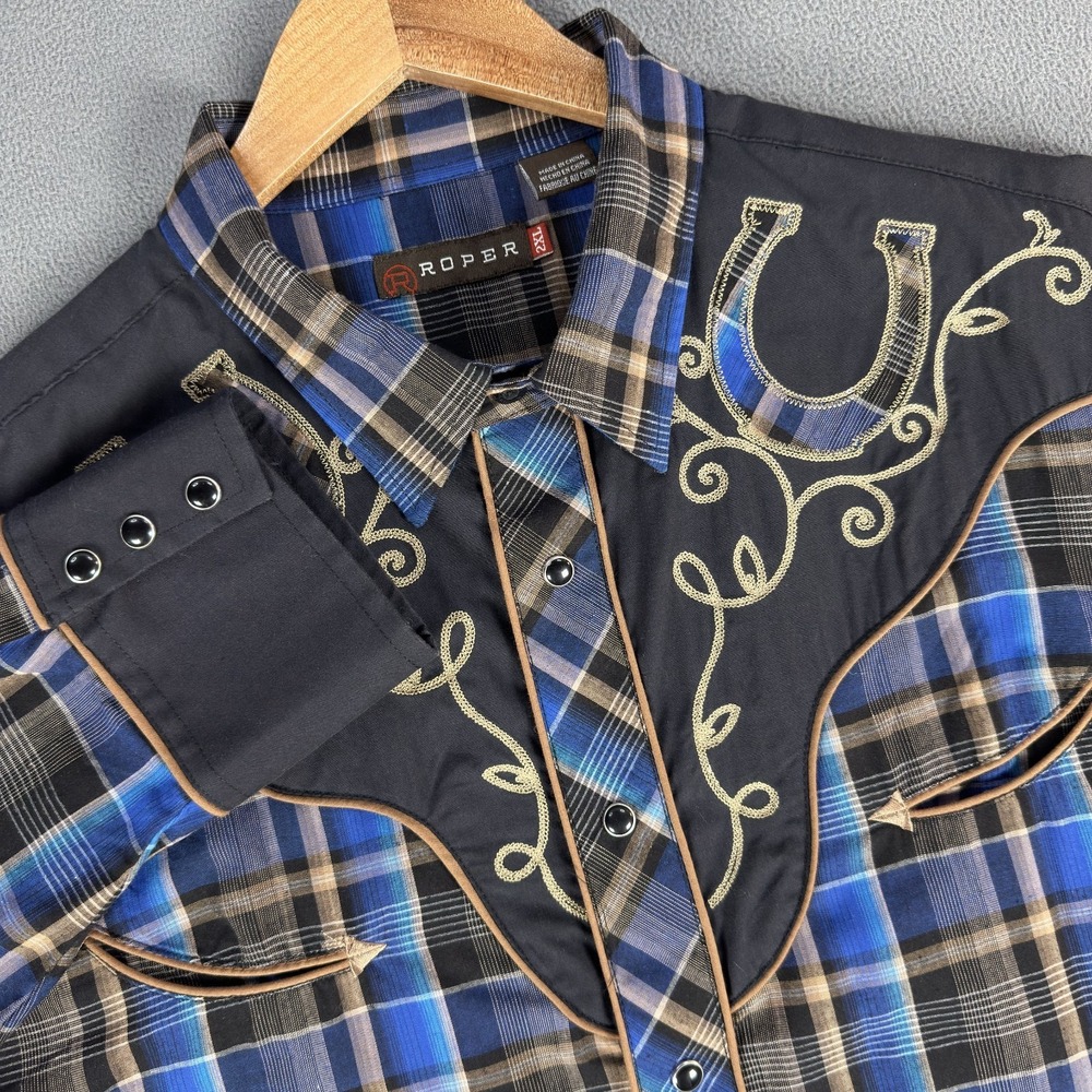 Roper Pearl Snap Shirt 2XL Blue Brown Plaid Smile Pocket Horseshoe Embroidered